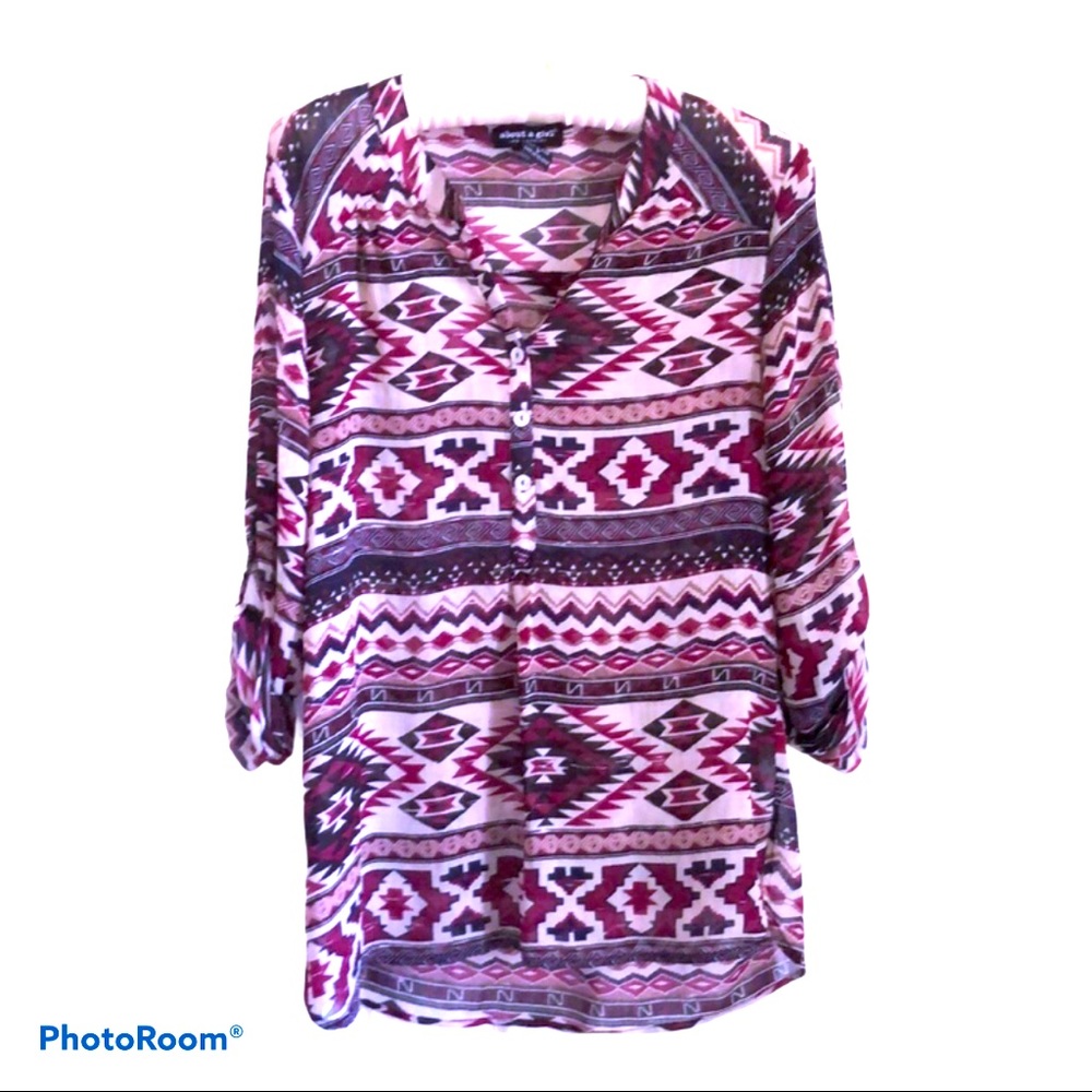 Western Desert Revival lightweight Aztec Print Roll Sleeve Split‎ Neck Tunic